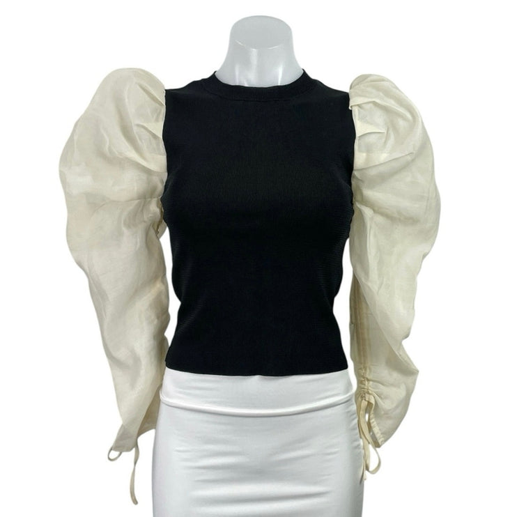Zara Mixed Media Organza Long Puff Balloon Sleeve Crew Neck Sweater Blouse Top S