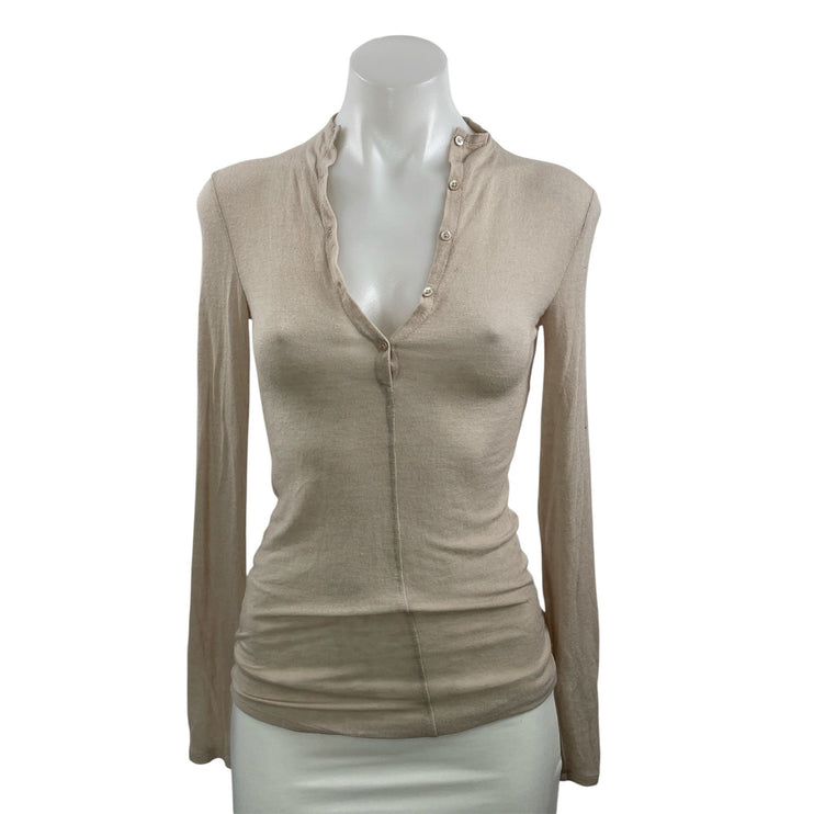 Aritzia Babaton Beige Wool V Neck Long Sleeve Henley T Shirt Tee Top Size XXS