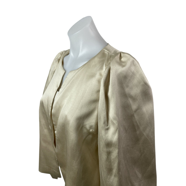 Neo Noir Daliska Dull Beige Silk Satin Long Balloon Sleeve Open Blouse Top Sz 6