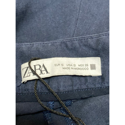 ZARA Women's Navy Blue Pleated High Waisted Straight Wide Leg Trousers Pants S