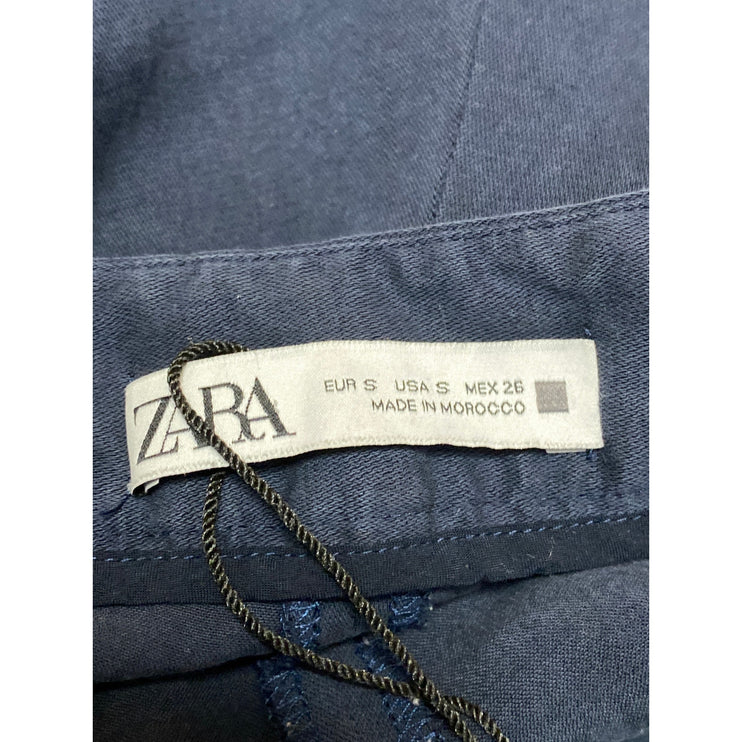 ZARA Women's Navy Blue Pleated High Waisted Straight Wide Leg Trousers Pants S