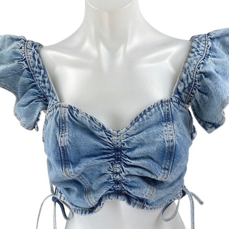 River Island Blue Sleeveless Ruffle Ruched Cut Out Denim Jeans Crop Top Size 6