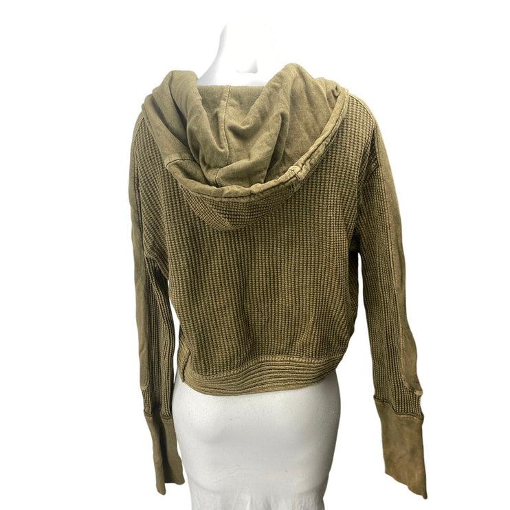 Free People Mason Olive Green Waffle Knit Long Sleeve Full Zip Hoodie Sweater S