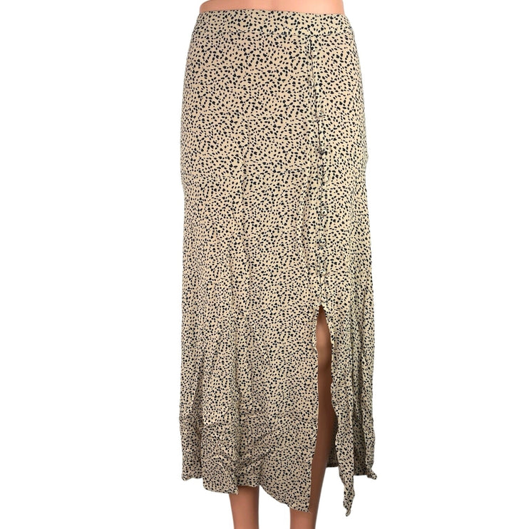 American Eagle Cream Black Animal Leopard Print Elastic Waist Slit Midi Skirt XL