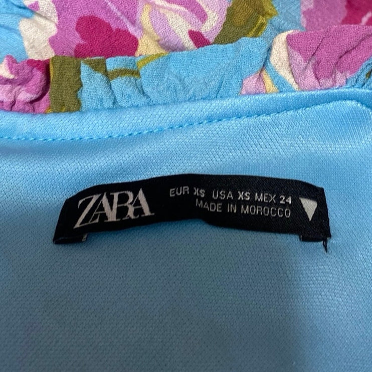 Zara Blue Pink Floral Sleeveless Ruched Cami Camisole Tank Mini Bodycon Dress XS