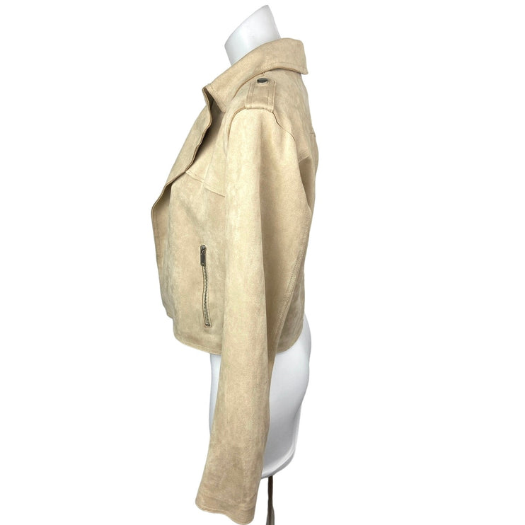 Anthropologie Beige Faux Suede Leather Open Front Collared Zip Pockets Long Sleeve Blazer Jacket Sz S