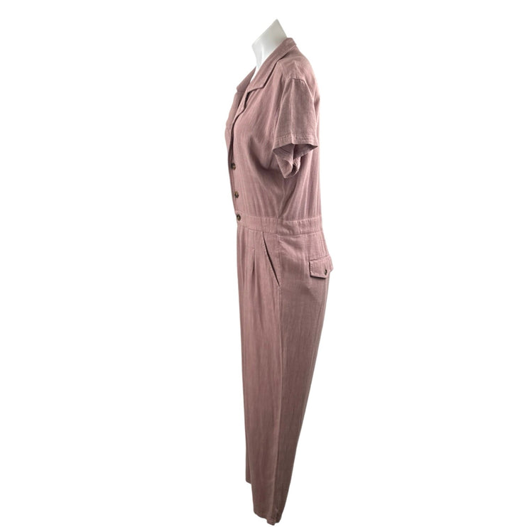 Free People Margot Pink Linen Short Sleeve Button Straight Leg Romper Jumpsuit M