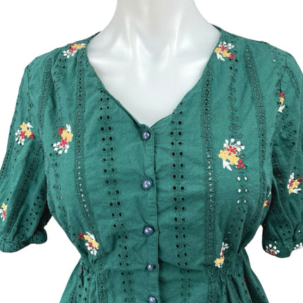 Only Green Yellow Floral Embroidered Button Down Peplum Blouse Top Size 10