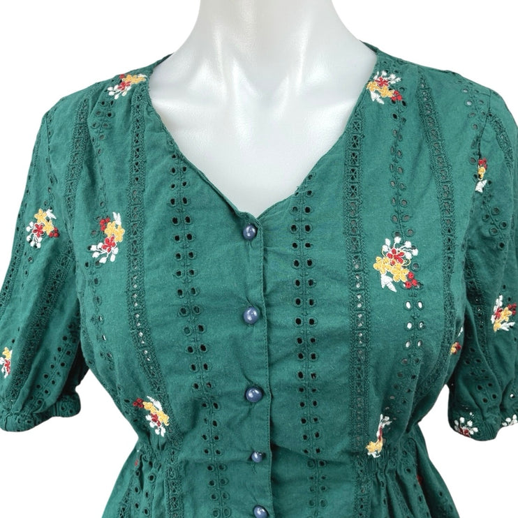 Only Green Yellow Floral Embroidered Button Down Peplum Blouse Top Size 10