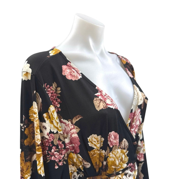 Torrid Women's Black Floral Long Sleeve Tie Deep V Neck Wrap Mini Dress Size 4