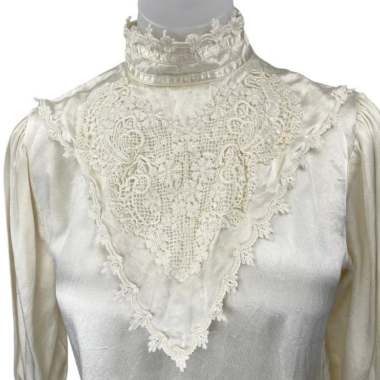 Vintage Gunne Sax White Silk Satin Lace Mock Neck Long Sleeve Blouse Top Size S