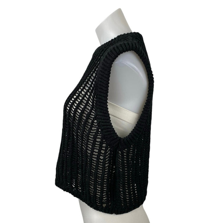 Zara Women's Black Sleeveless Crew Neck Open Knit Sheer Crop Sweater Vest Sz XL