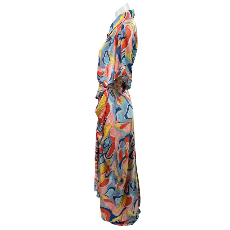 Fashion Nova Hailey Multicolor Abstract Button Up Belted Tie Maxi Shirt Dress M