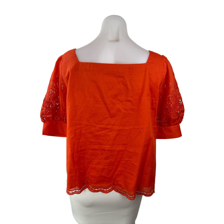 Anthropologie Women's Coral Lace Embroidered Short Puff Sleeve Blouse Top Size S