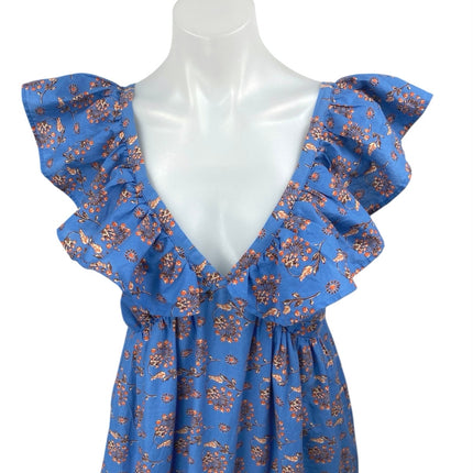 Mango MNG Blue Floral Ruffle Short Sleeve Deep V-Neck A Line Maxi Dress Size 4