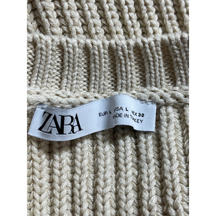 Zara Womens Beige Cable Knit Sheer Polka Dot Long Sleeve Crew Neck Sweater Top L