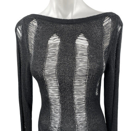 Women's Black Long Sleeve Open Knit Backless Boat Neck Mini Bodycon Dress Size S