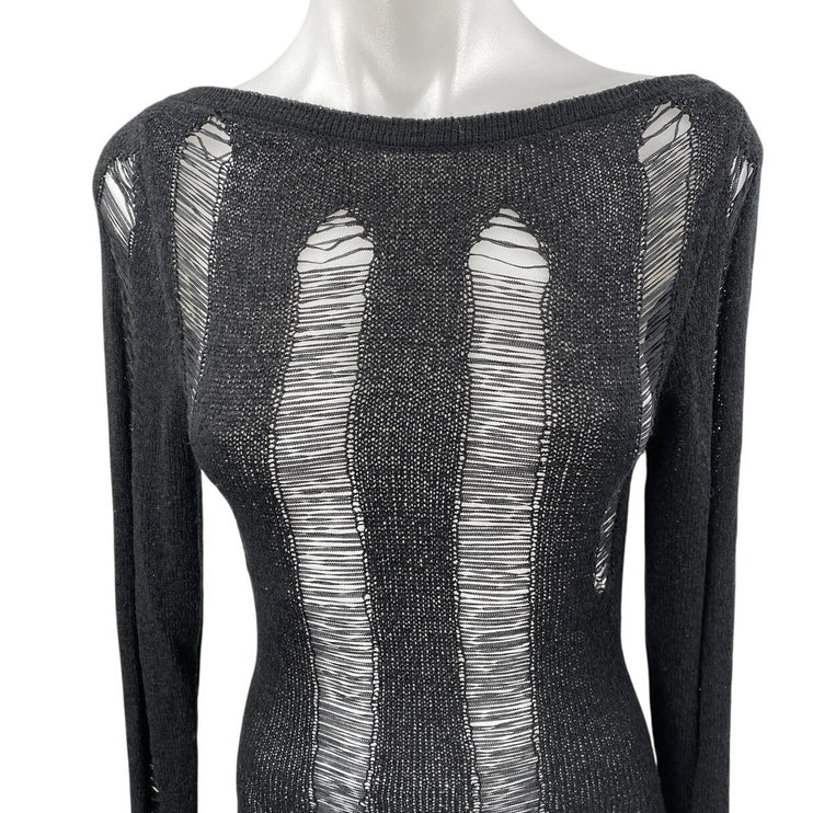 Women's Black Long Sleeve Open Knit Backless Boat Neck Mini Bodycon Dress Size S