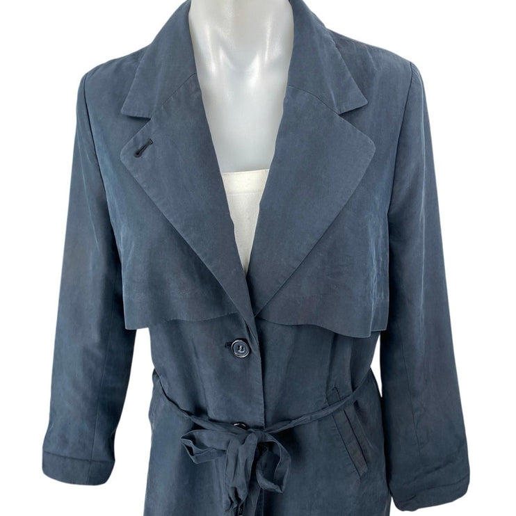 Monki Women's Blue Long Sleeve Belted Tie Waist Button Trench Coat Jacket Sz XS