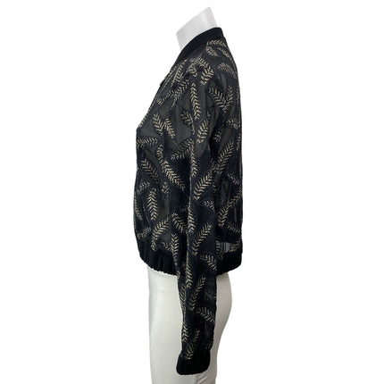 Zara Basic Black Long Sleeves Embroidered Metallic Leaf Bomber Coat Jacket Sz L