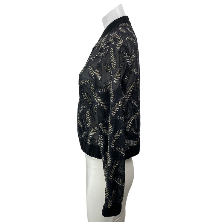 Zara Basic Black Long Sleeves Embroidered Metallic Leaf Bomber Coat Jacket Sz L