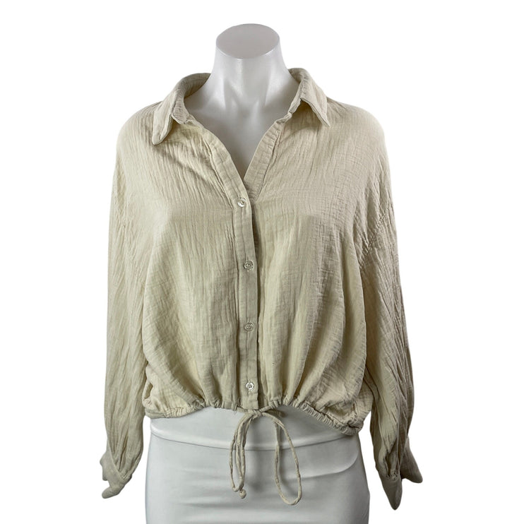 Drew Women's Beige Long Sleeve Tie Hem Cotton Button Down Shirt Top Size M