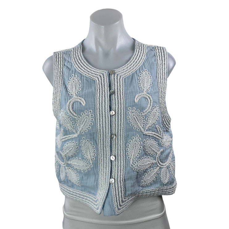 Drole De Copine Blue Embroidered Button Down Sleeveless Cardigan Crop Top M/L