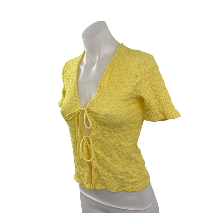 Zara Women's Yellow Smocked Tie Front V Neck Short Sleeve Crop Blouse Top Sz S