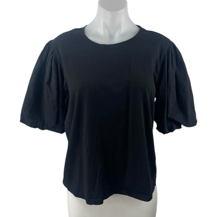 Sanctuary Women's Black Crewneck Short Puff Sleeve Tee T-shirt Blouse Top Size L