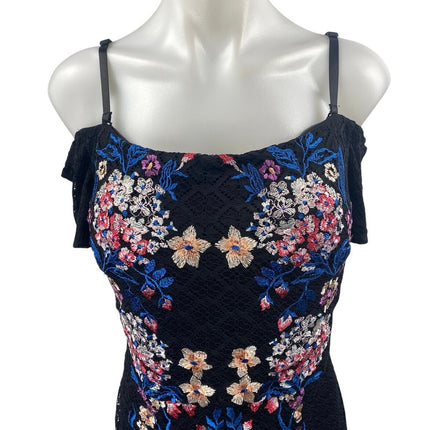 NEW Guess Black Floral Off The Shoulder Lace Ruffle Midi Bodycon Dress Size 14