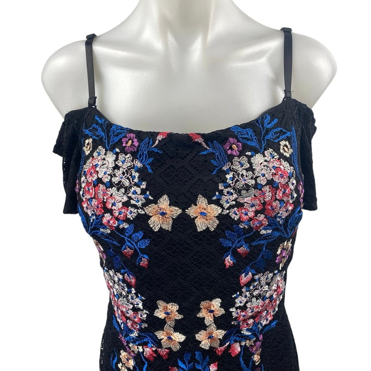 NEW Guess Black Floral Off The Shoulder Lace Ruffle Midi Bodycon Dress Size 14
