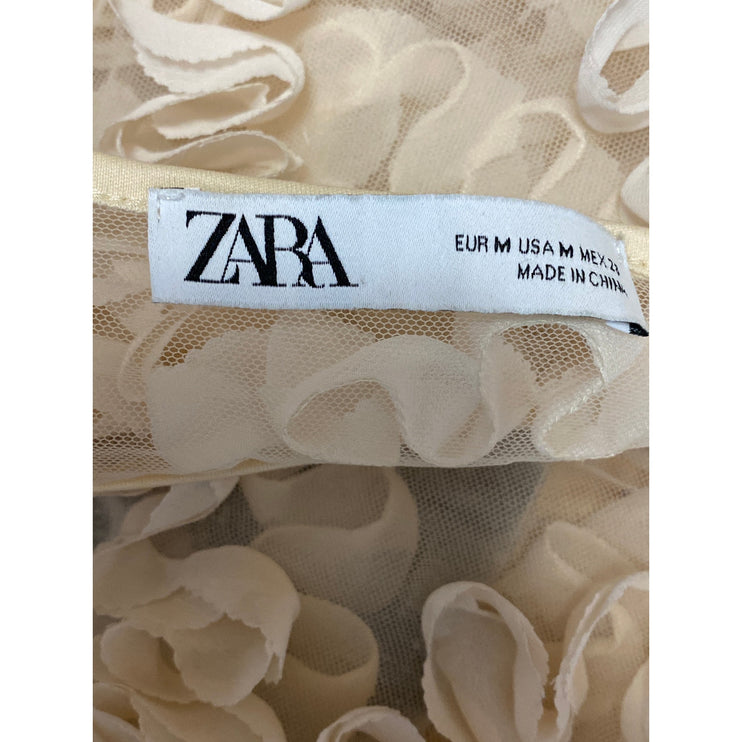 Zara Women's Cream Sheer Mesh Ruffle 3D Short Sleeve Cropped Blouse Top Size M