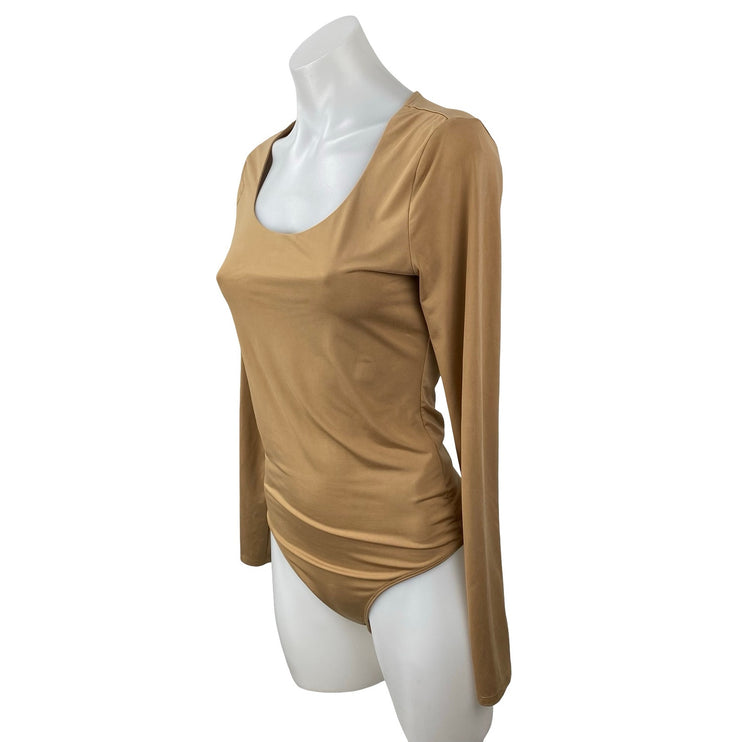 Express Women's Tan Long Sleeve Scoop Neck Thong T Shirt Bodysuit Top Size S