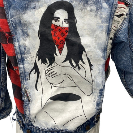 Levi's Men's Blue Distressed Long Sleeve Graphic Denim Jeans Coat Jacket Size XS