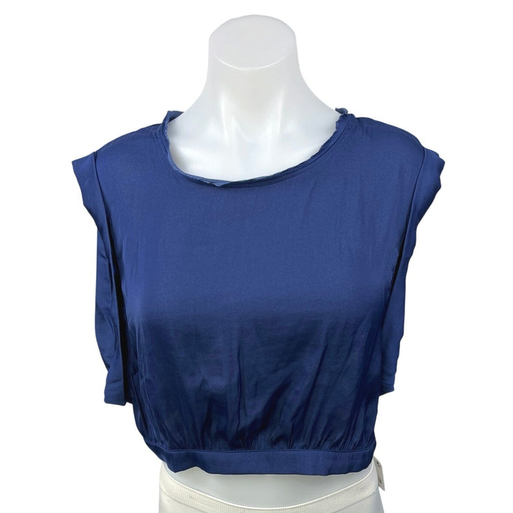 NEW Free People Silk Satin Remi Smokey Sapphire Cuffed Cap Sleeve Crop Top Sz L
