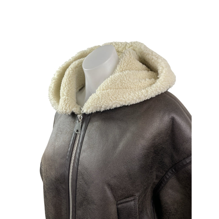 Stradivarius Women's Brown Fleece Sherpa Hoodie Full Zip Faux Leather Jacket L