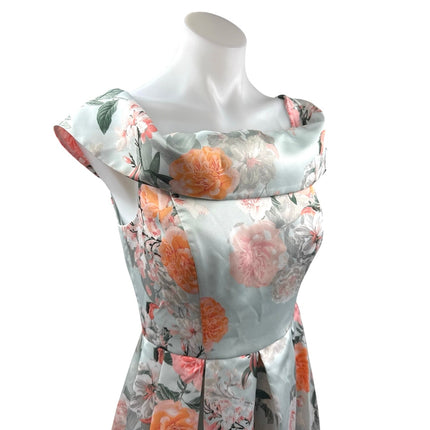 Eliza J Green Floral Silk Satin Off The Shoulder Evening A Line Maxi Dress Sz M