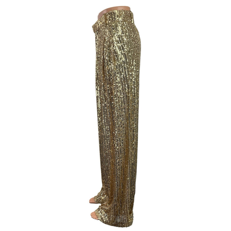 Zara Women's Gold Sequin Sparkly Metallic Blogger Wide Leg Trousers Pants Size S