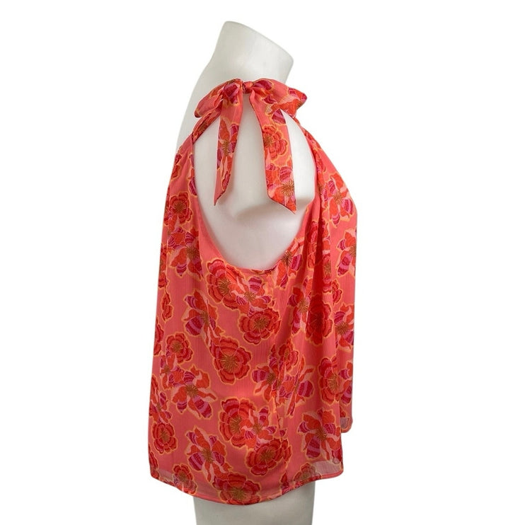 Ann Taylor LOFT Coral Floral One Shoulder Tie Sleeveless Blouse Top Size XL