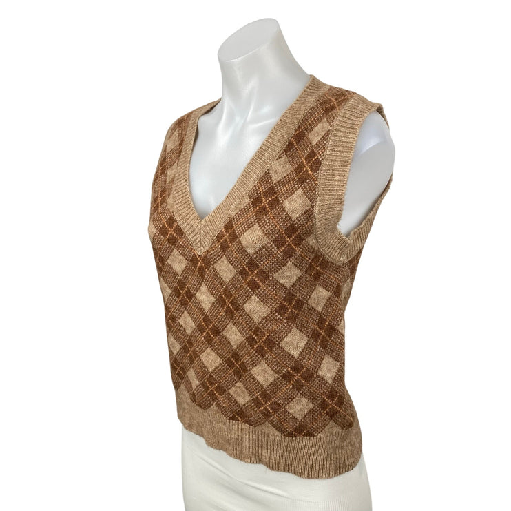 Just In Women's Tan Brown Argyle Plaid Sleeveless V Neck Sweater Vest Top Size S