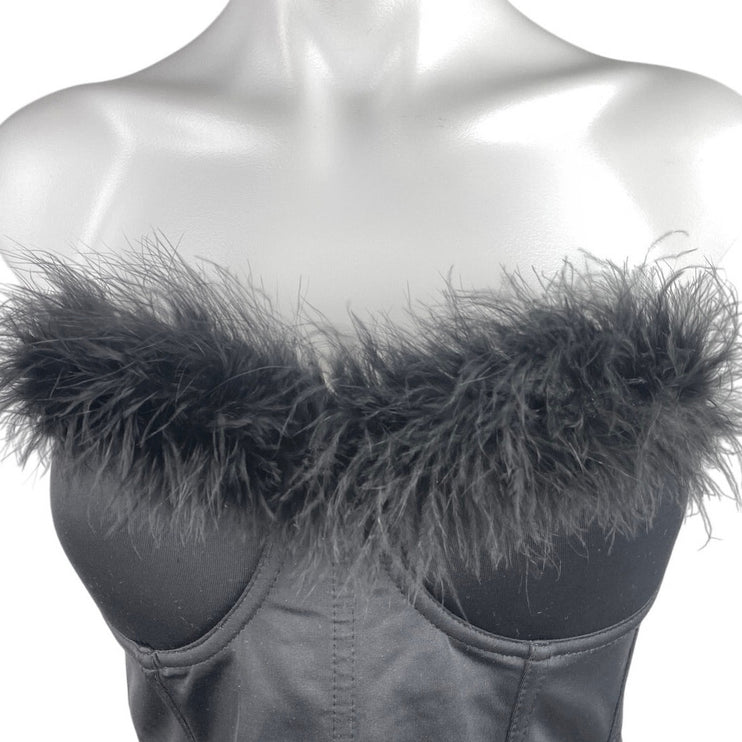 Fashion Nova Black Feather Sleeveless Strapless Corset Bustier Crop Top Size S