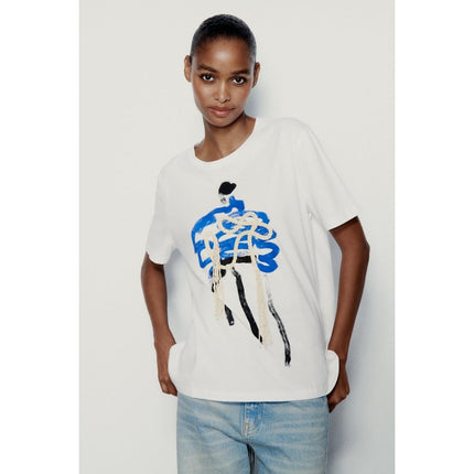 Zara Women's White Blue Abstract Print Rope Short Sleeve T Shirt Tee Top Size S