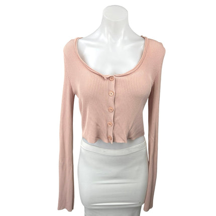 Zara Pink Ribbed Knit Button Down Long Sleeve Crop Cardigan Sweater Top Size S