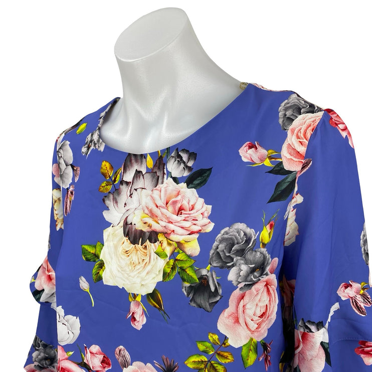 Modalinda Women's Blue Floral Long Tiered Bell Sleeve Shirt Blouse Top Size 8
