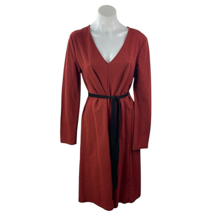 Zara Rust Orange Long Sleeve V Neck Belted Tie Waisted A Line Midi Dress Size M