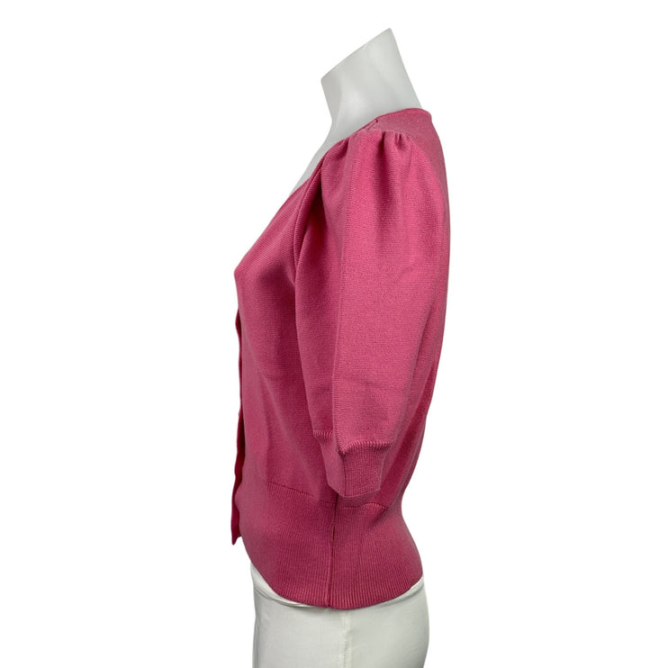 Camaieu Womens Pink Short Puff Sleeve V-neck Button Up Cropped Blouse Top Size M