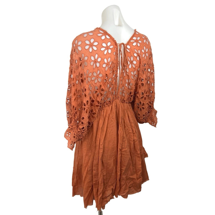 Free People Women's Orange Raw Edges V-Neck Pleated Fit  & Flare Mini Dress Sz S