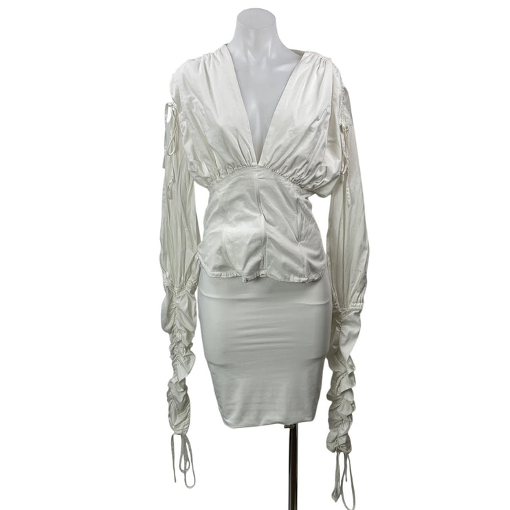 Andrea Iyamah Womens White Lace Up Tie Long Sleeves Ruched V-neck Blouse Top XXL