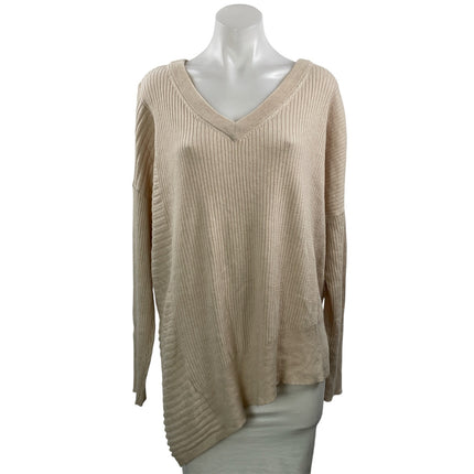 AllSaints Women's Beige Ribbed Knit Wool V Neck Asymmetric Sweater Top Size L