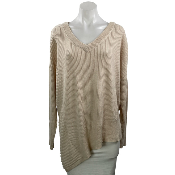 AllSaints Women's Beige Ribbed Knit Wool V Neck Asymmetric Sweater Top Size L